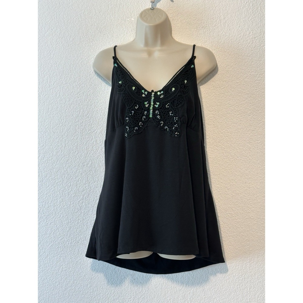 Vtg 90s Black Tank Crochetโ Butterfly Sequins Bead Fairycore Whimsigoth 2XL